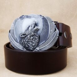 SPARTA Belt Buckle- Howling Wolf with Feathers and Moon